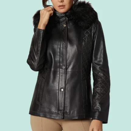 Women’s Black Leather Hooded Dazzling Jacket