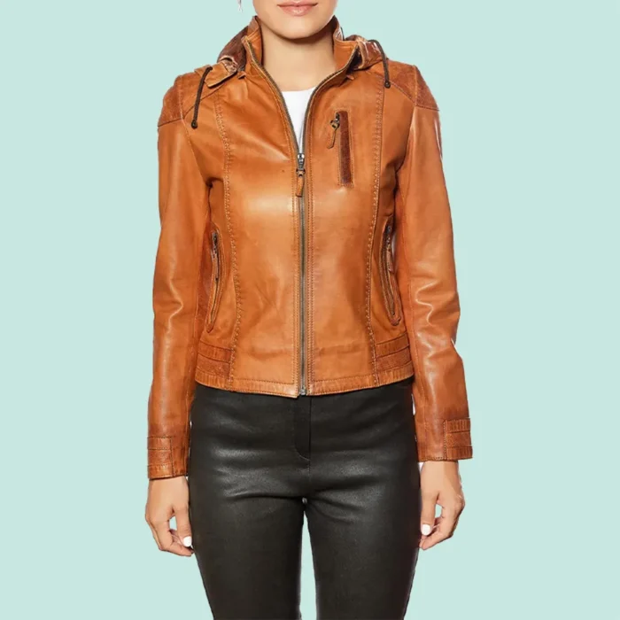 Women’s Tobacco Leather Hooded Sport Jacket