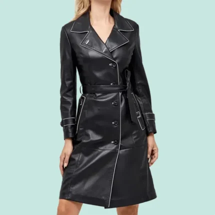 Anastasia Women’s Black Leather Double Breasted Trench Coat