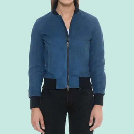 Blue Suede Bomber Jacket with Black Rib Knit Collar & Cuffs