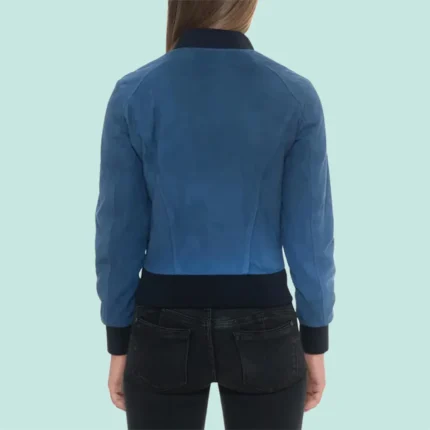 Blue Suede Bomber Jacket with Black Rib Knit Collar & Cuffs