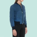 Blue Suede Bomber Jacket with Black Rib Knit Collar & Cuffs