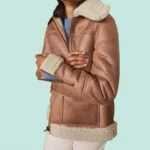 Women Brown Sheepskin Shearling Leather Aviator Jacke