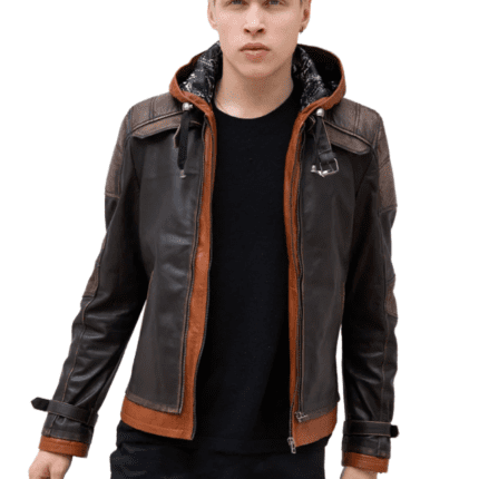 Mens Brown Hood Leather Jacket