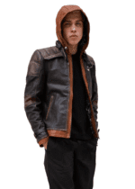 Mens Brown Hood Leather Jacket